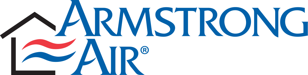 Armstrong Air logo featuring a stylized house outline with red and blue wavy lines inside and the text Armstrong Air in blue.