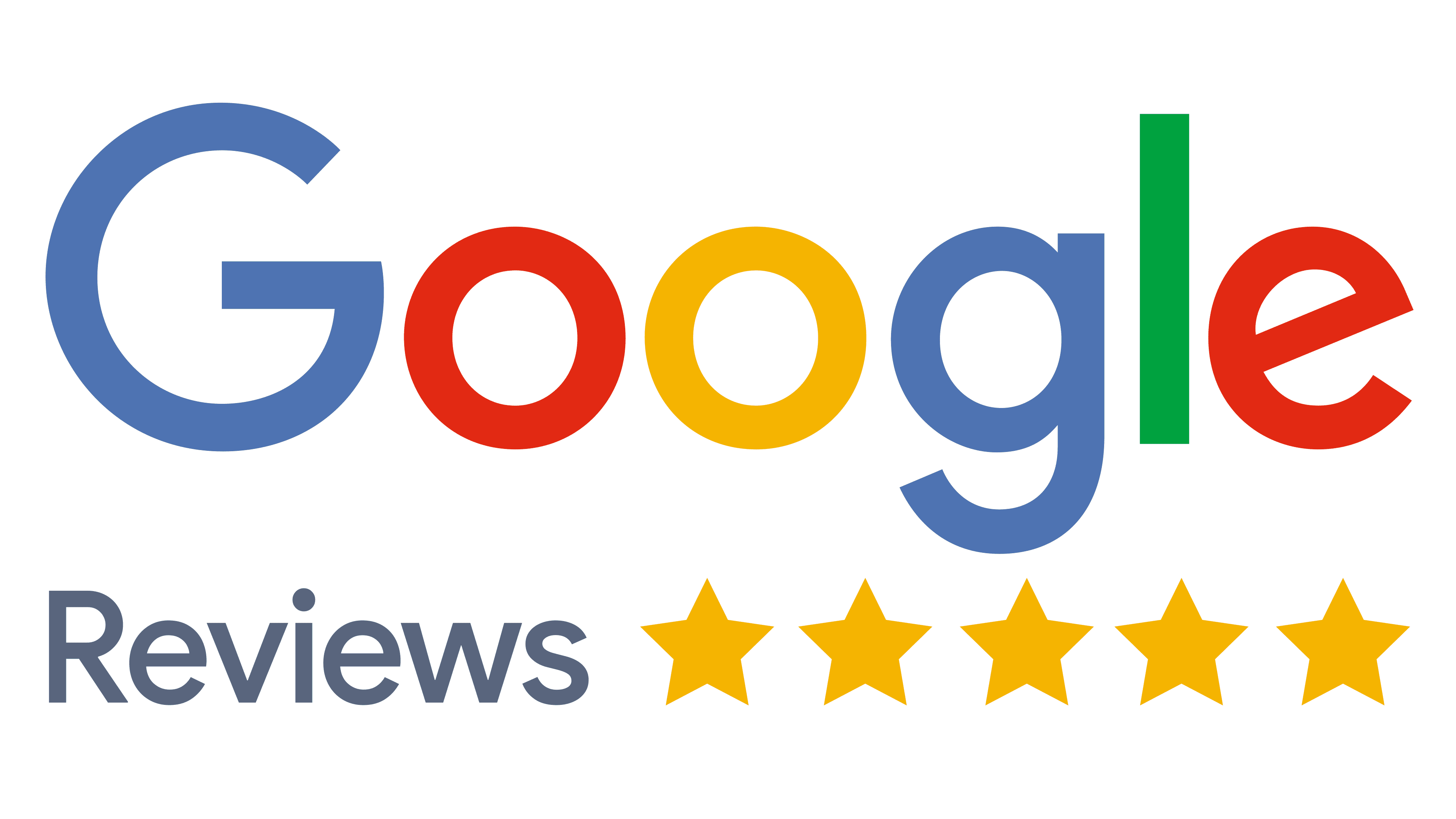 Google logo with the word Reviews and five gold stars rating.