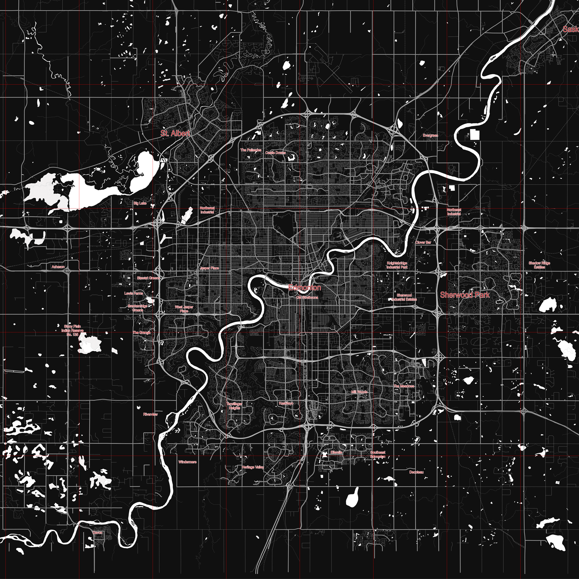 Black and white map showing Edmonton and surrounding areas including St. Albert and Sherwood Park with major roads and rivers.