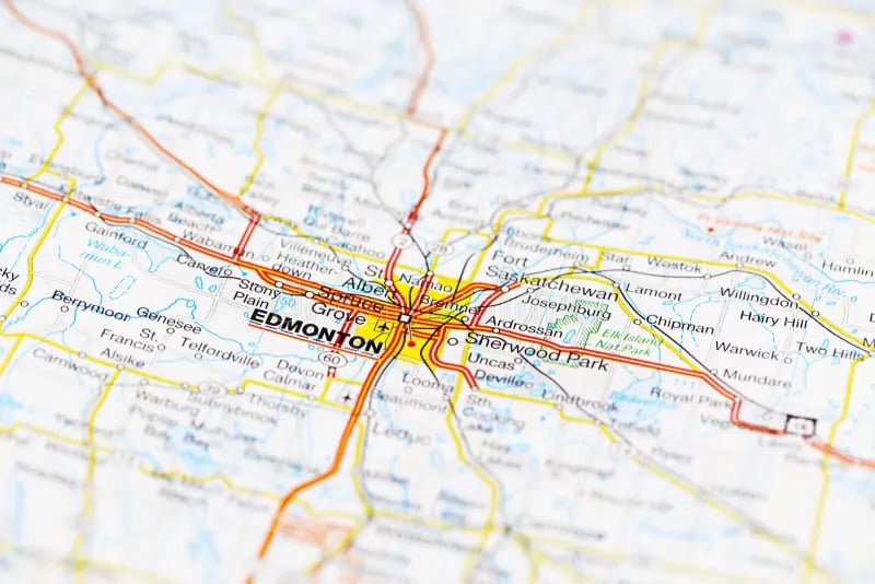 Close-up of a road map focused on Edmonton and nearby areas in Alberta, Canada.
