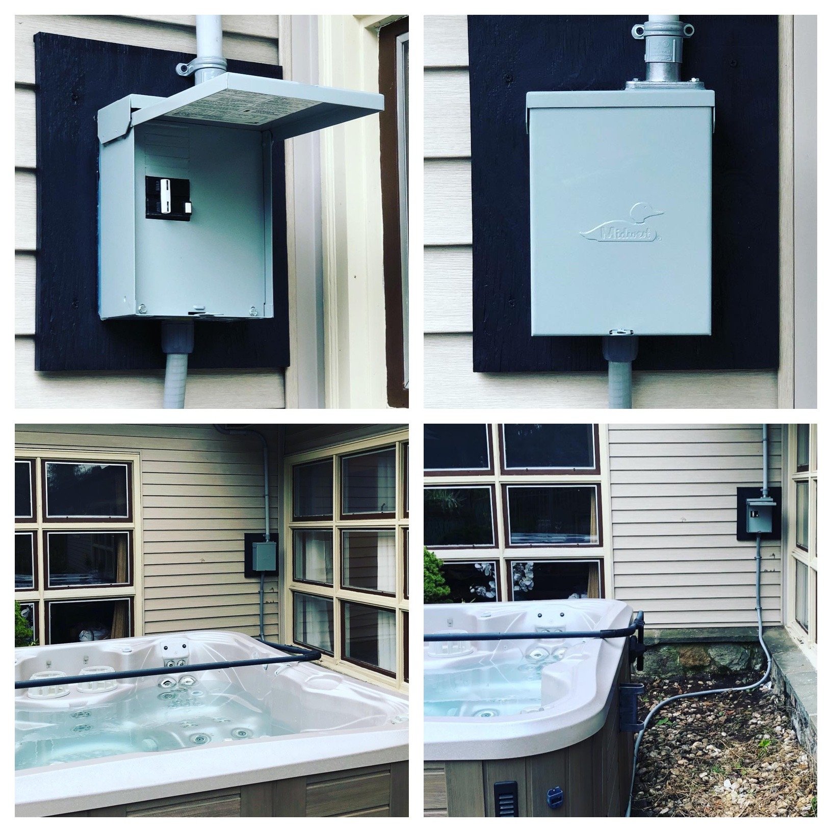 Collage showing a gray electrical box with its cover open and closed mounted on a house exterior, and a nearby hot tub connected by conduit to the box.