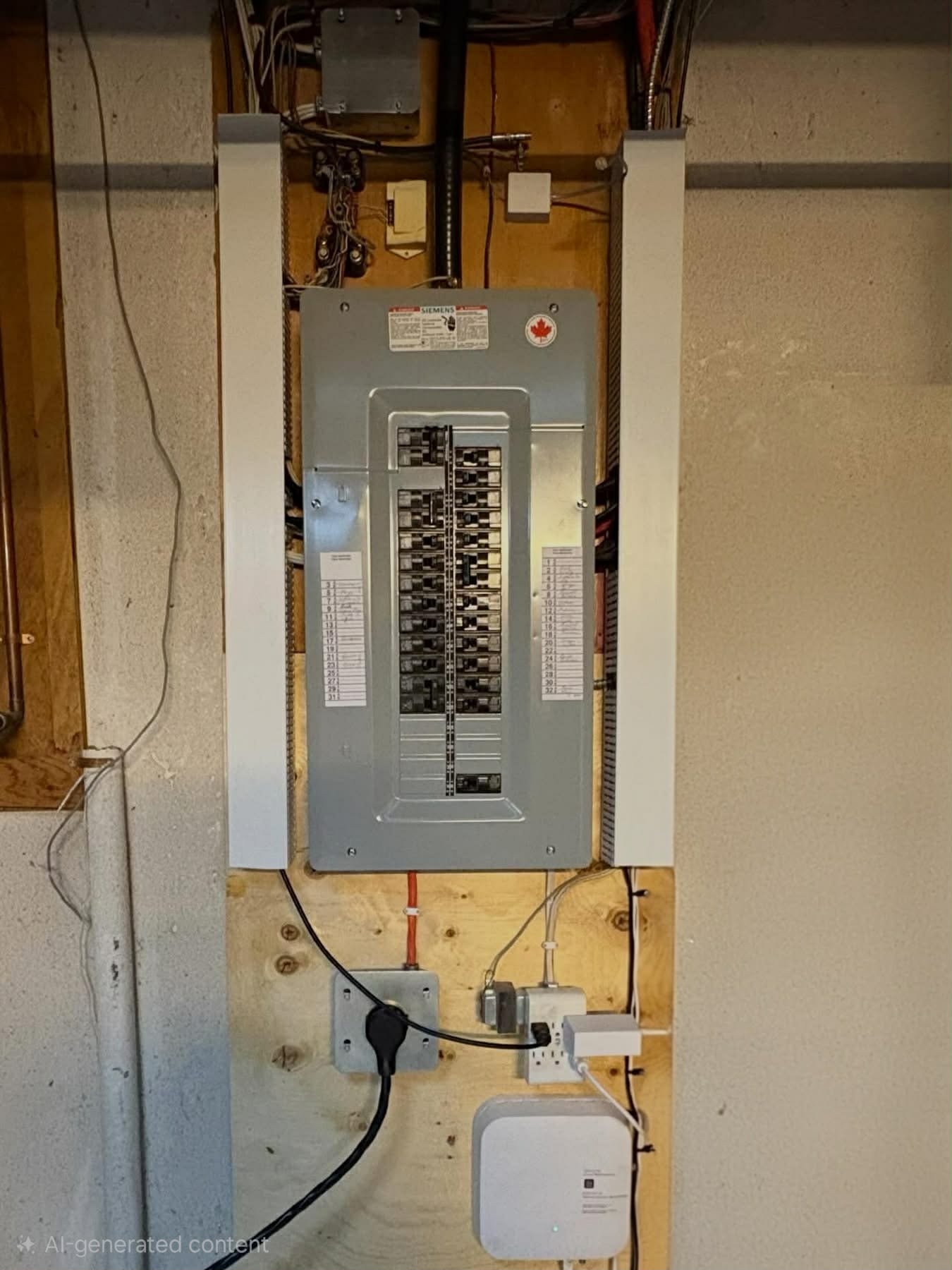 Electrical breaker panel mounted on a wooden wall with various connected wires and outlets below, next to a shelving unit holding paint cans and sprays.