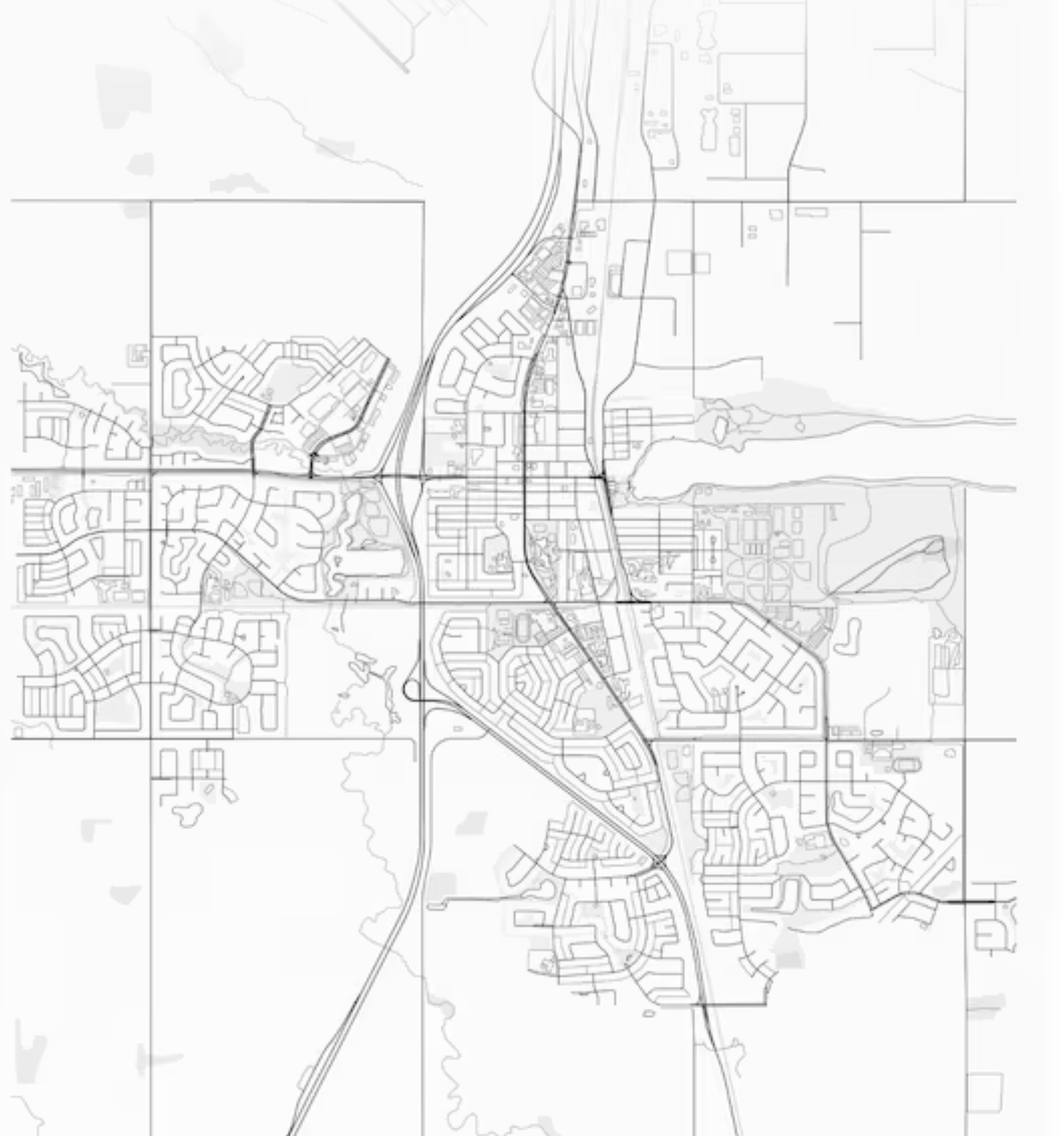 Detailed black and white street map showing a city layout with roads, highways, and residential neighborhoods.