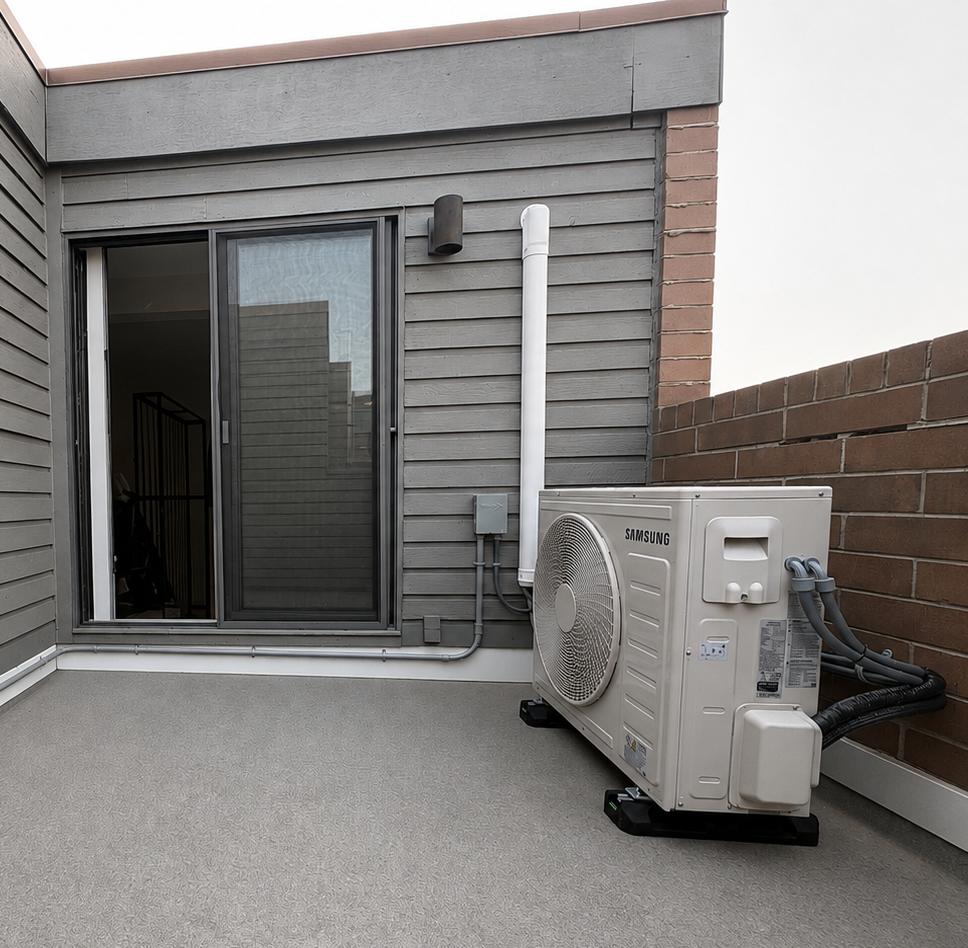 Two Airease brand HVAC furnaces with connected ductwork and white ventilation pipes in a basement.