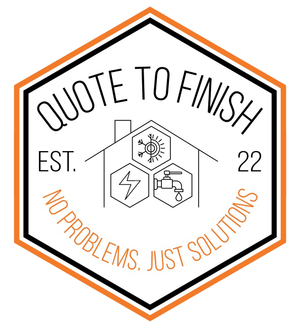 Hexagonal logo with black and orange border featuring a house outline with icons for heating/cooling, electricity, and plumbing, text reads 'QUOTE TO FINISH EST. 22' and 'NO PROBLEMS. JUST SOLUTIONS.'