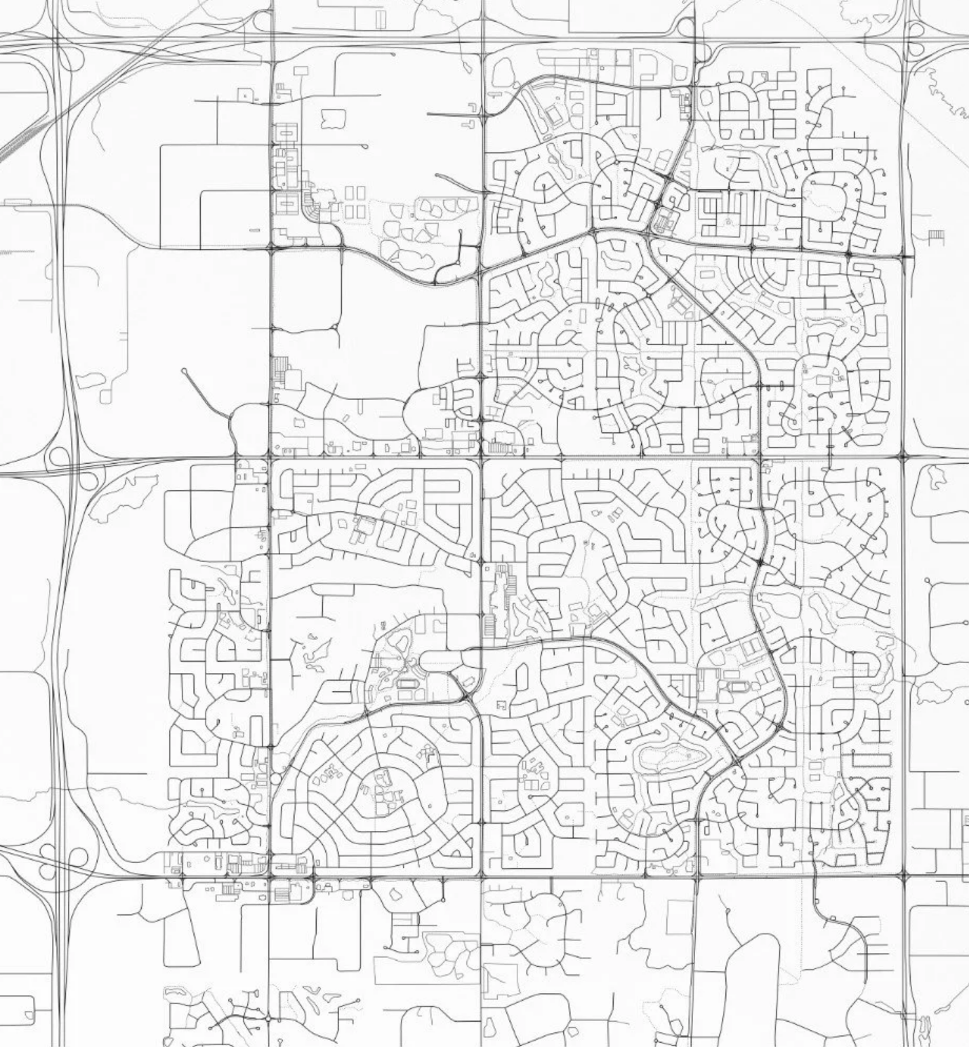 Black and white detailed street map showing road layouts and residential blocks in a suburban area.