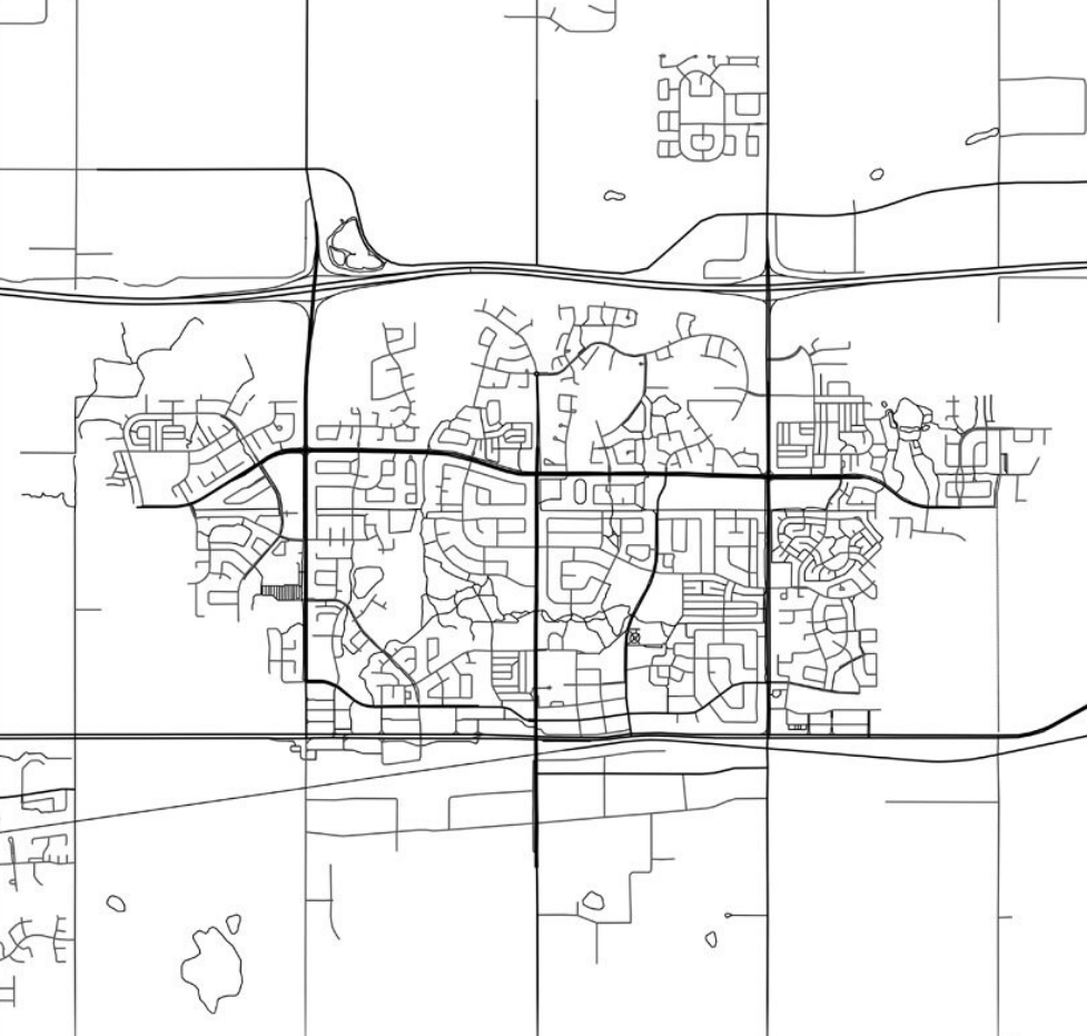 Black and white street map of a suburban area with grid and curving residential roads.