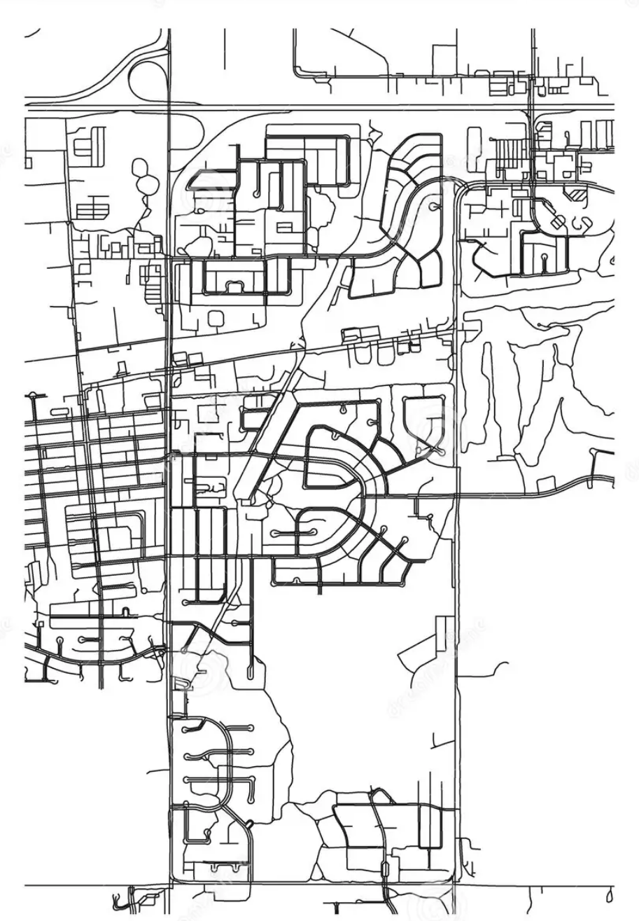 Black and white street map showing intricate road patterns, intersections, and residential areas without labels or colors.