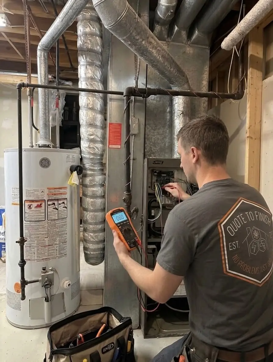 Basement utility area with a large Airease HVAC furnace and a wall-mounted water heater with exposed pipes.