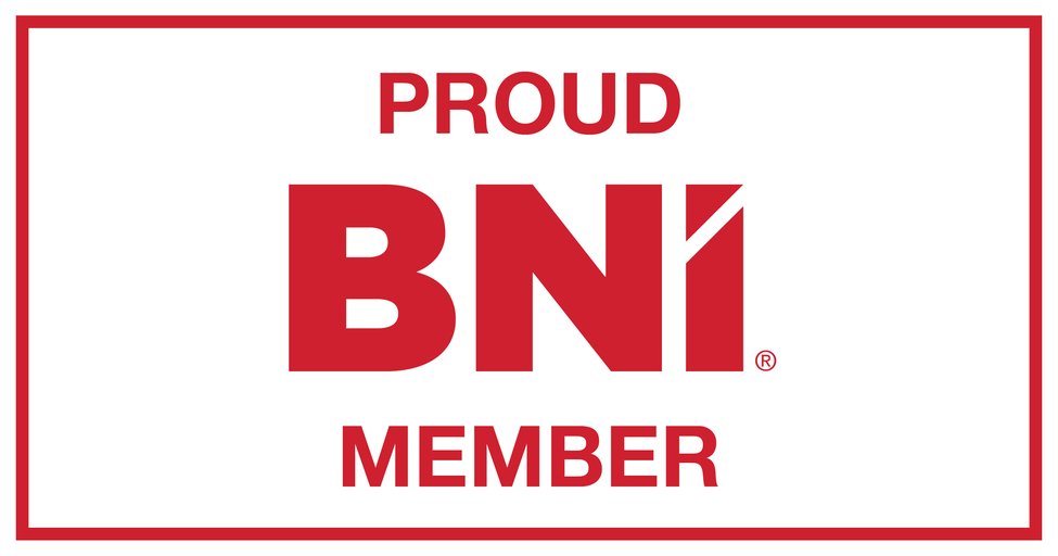 Red text saying Proud BNI Member inside a red rectangular border on white background.