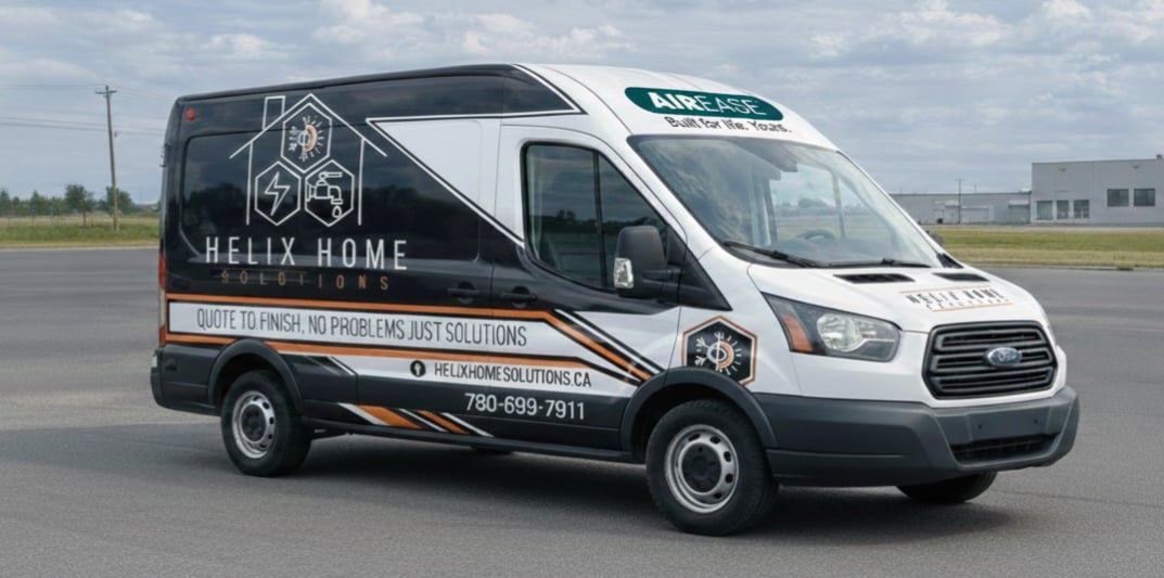 Black and white work van with Helix Home Solutions branding, phone number, and the slogan 'Quote to finish, no problems just solutions.'
