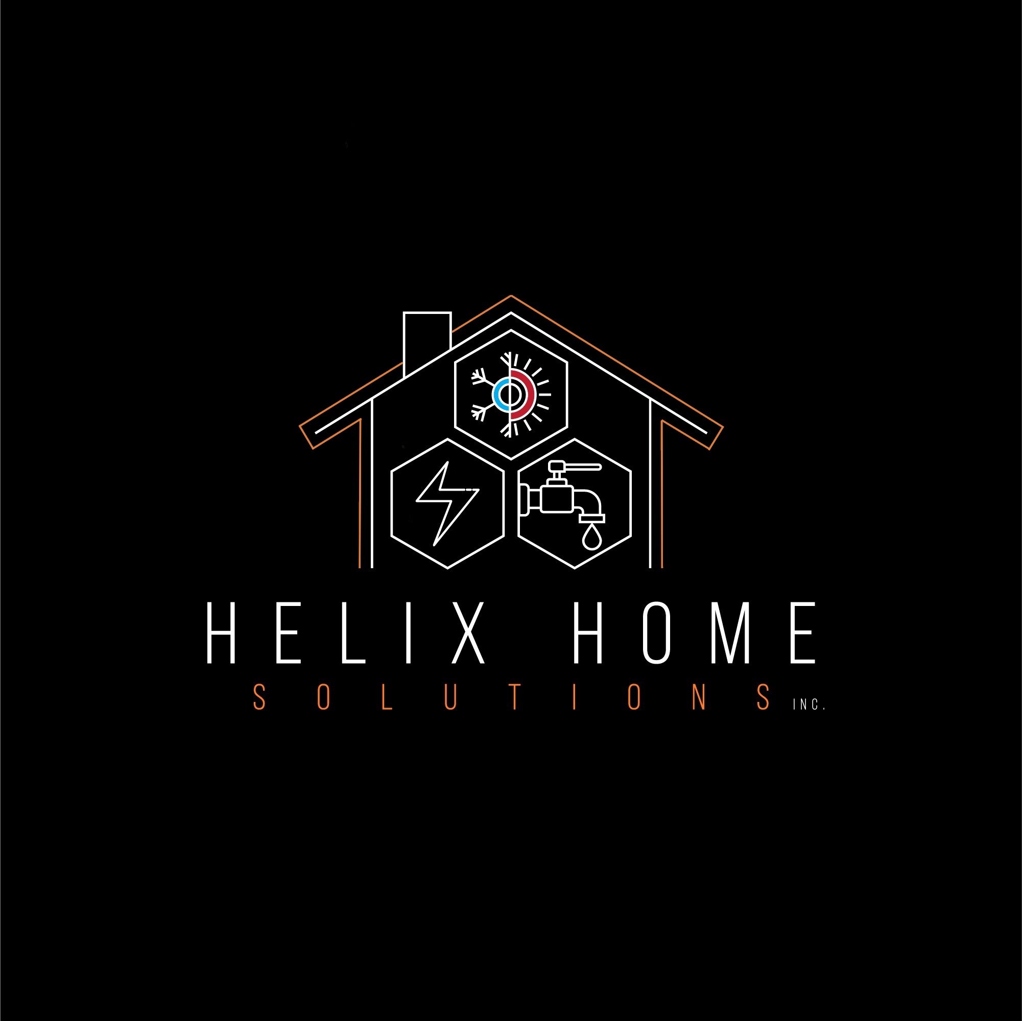 Logo of a house outline containing icons of a thermostat, electrical bolt, and water tap with a drop, with text 'Helix Home Solutions Inc.' below.
